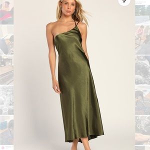 Lulu’s One That Got Away olive green satin midi dress